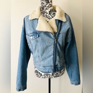 Garage Shearling Sherpa Denim Jean Jacket Asymmetrical Zip S